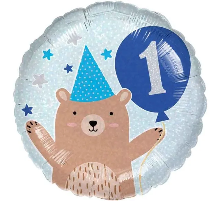 1st Birthday Bear Boy Foil Balloon - 18 inch