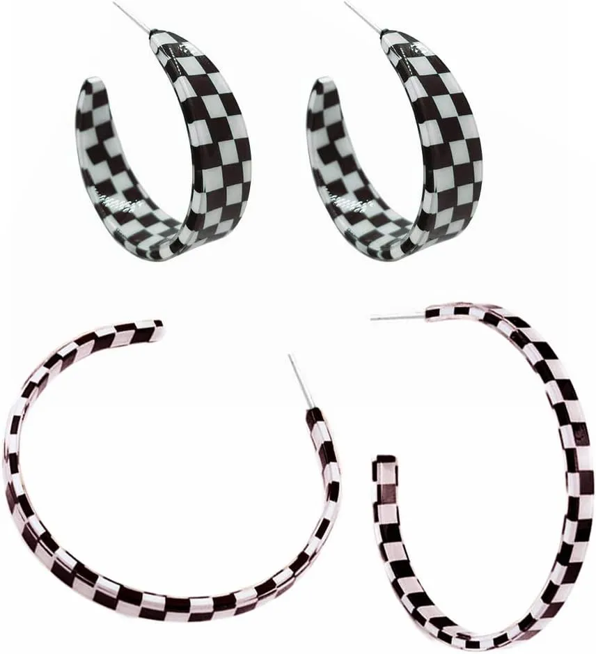 2 Pairs Lightweight 70s 80s 90s Transparent Black White Circle Round Acrylic Geometric Striped Checkered Dangle Drop Earrings for Women Statement Jewelry Gifts