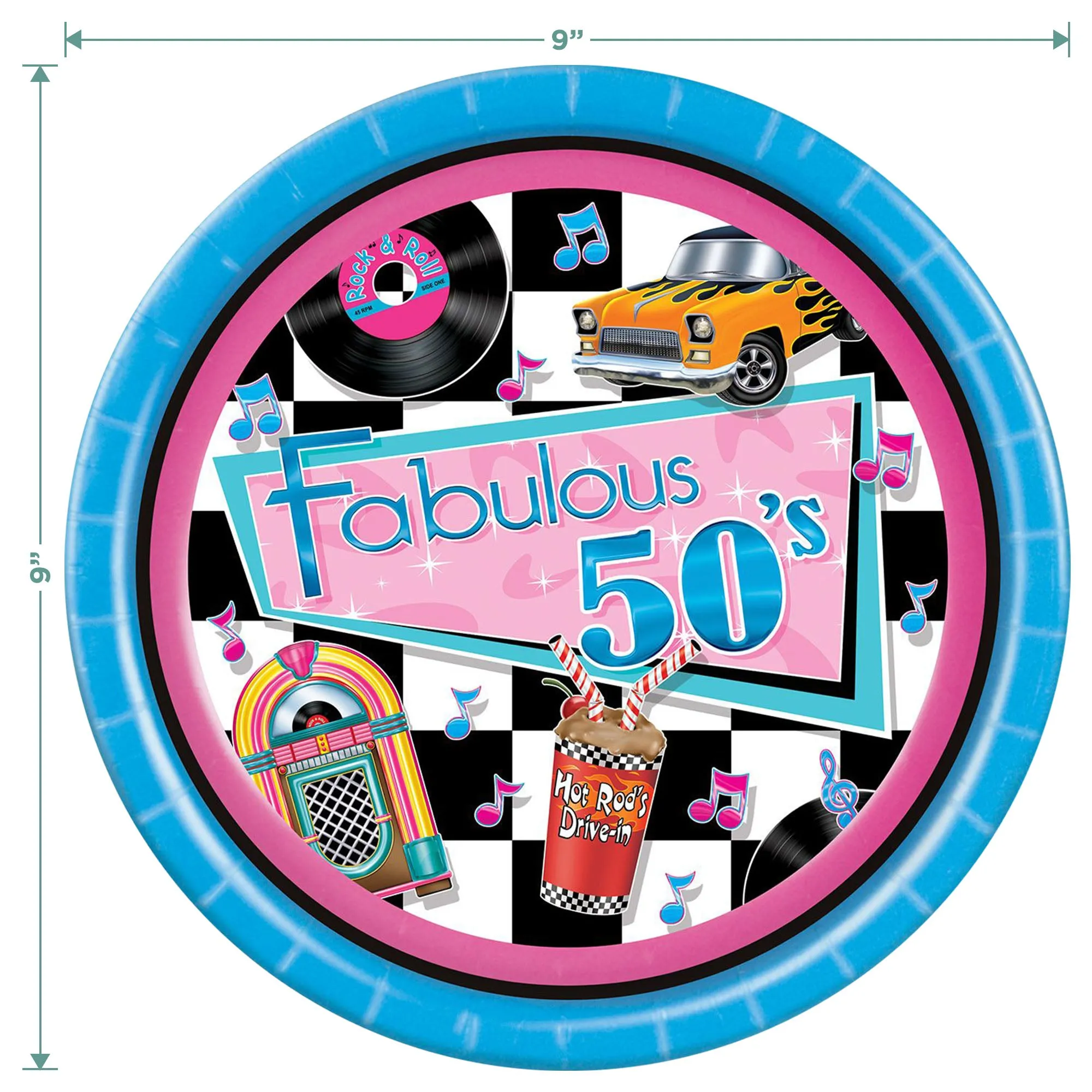 50's Party Supplies - Fabulous Fifties Paper Dinner Plates and Lunch Napkins (Serves 16)