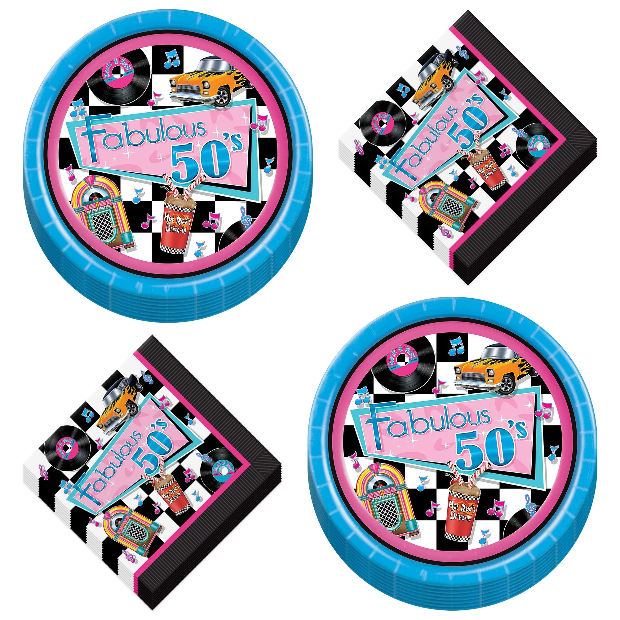 50's Party Supplies - Fabulous Fifties Paper Dinner Plates and Lunch Napkins (Serves 16)