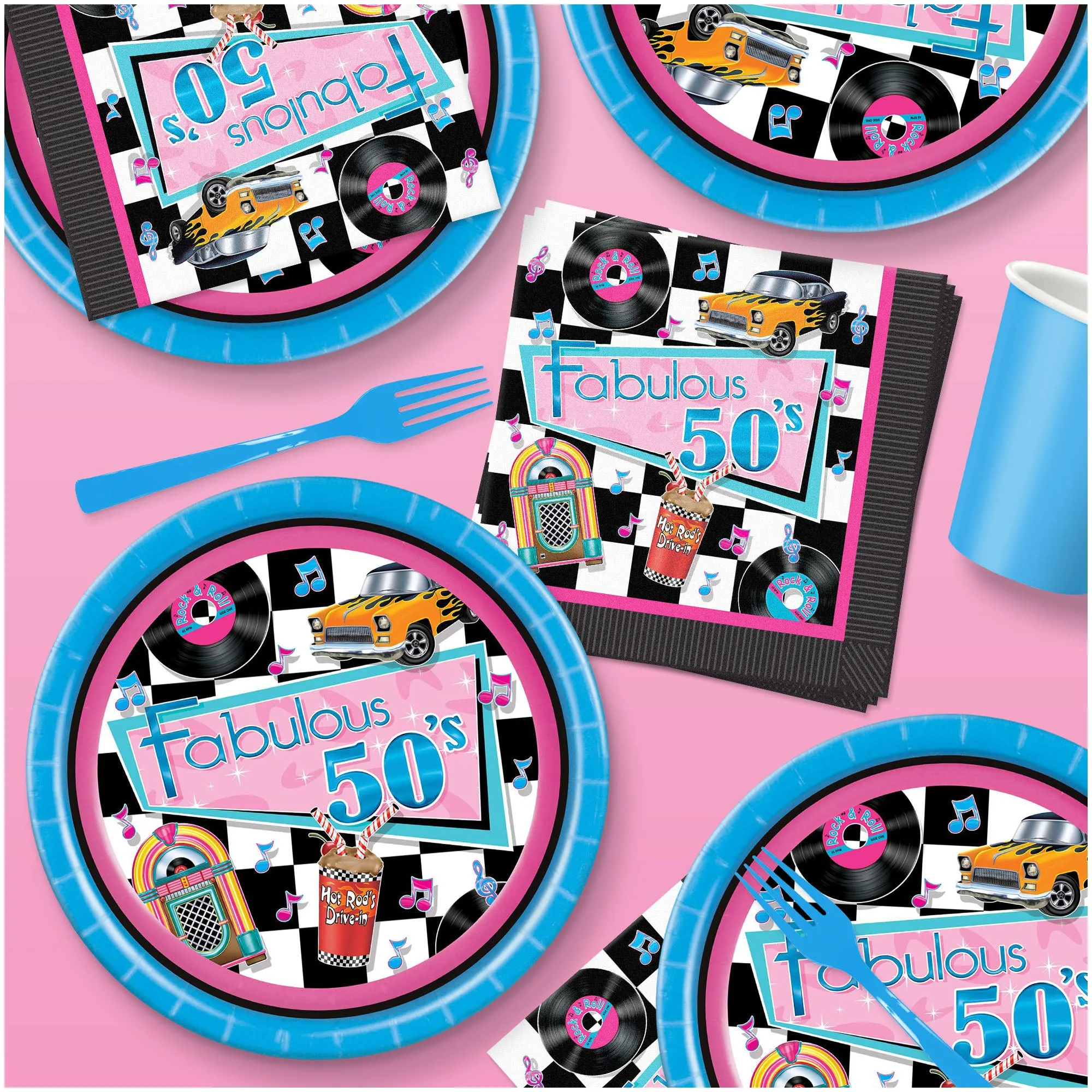 50's Party Supplies - Fabulous Fifties Paper Dinner Plates and Lunch Napkins (Serves 16)