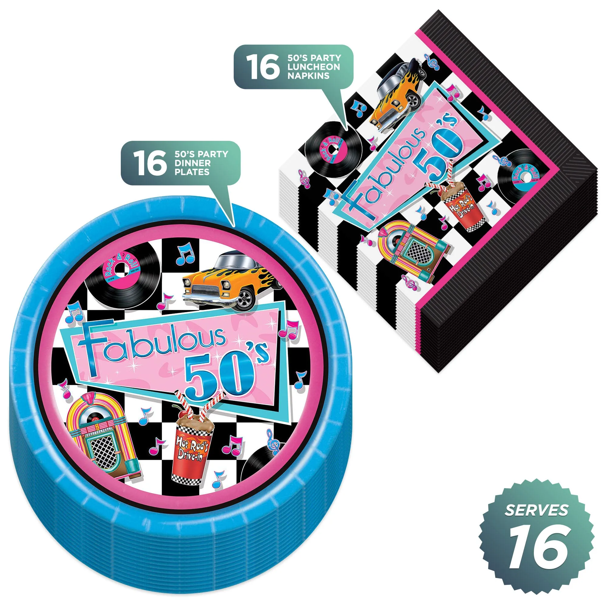 50's Party Supplies - Fabulous Fifties Paper Dinner Plates and Lunch Napkins (Serves 16)