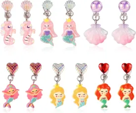 6 Pairs Colorful Clip On Drop Earrings, Sea Animal Clip On Earrings Mermaid Shell Seahorse Non-Pierced Clip On Princess Earrings for Dress Up Princess Jewelry Accessories