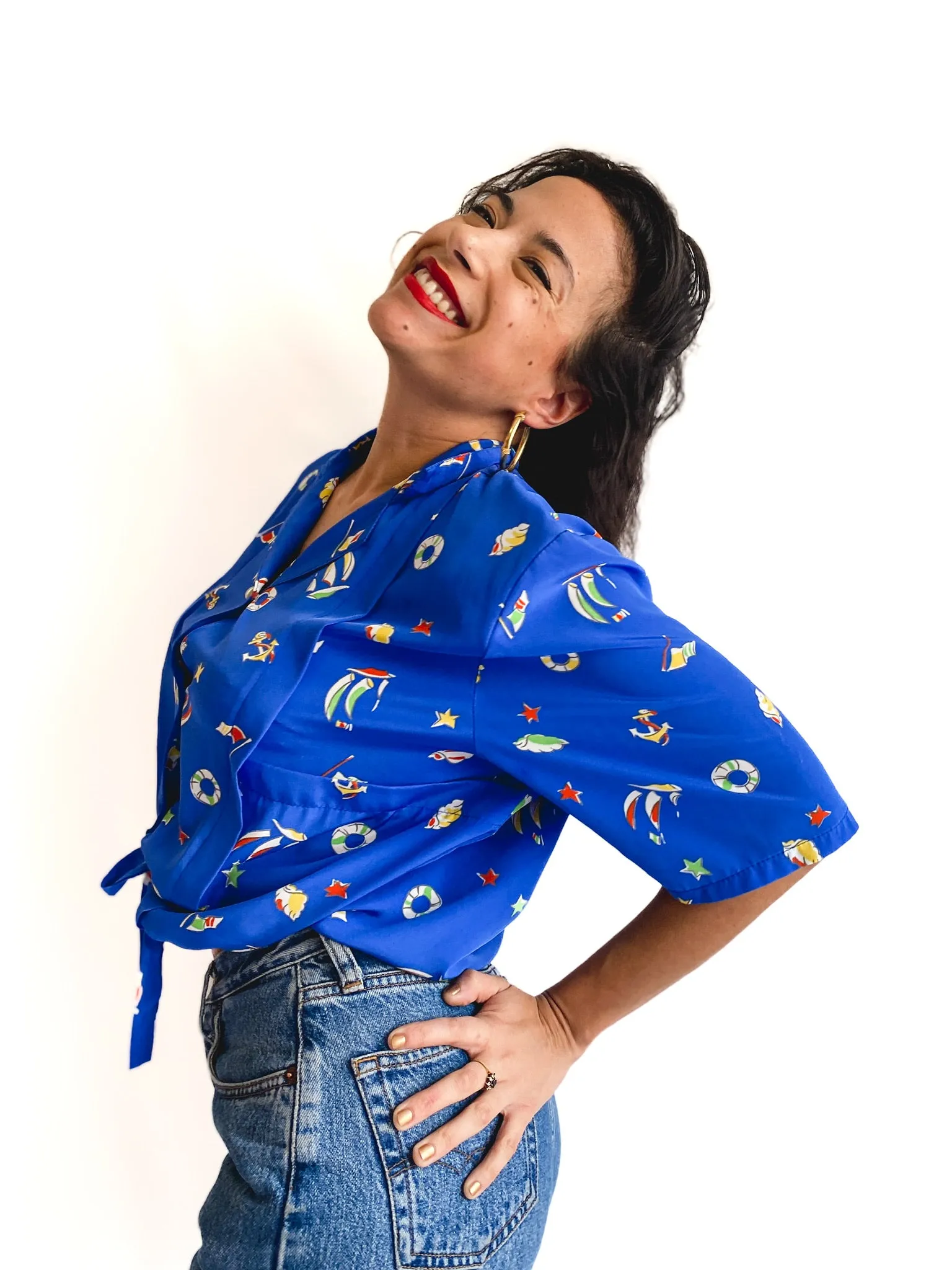 80s vintage summer blouse, adjustable waist