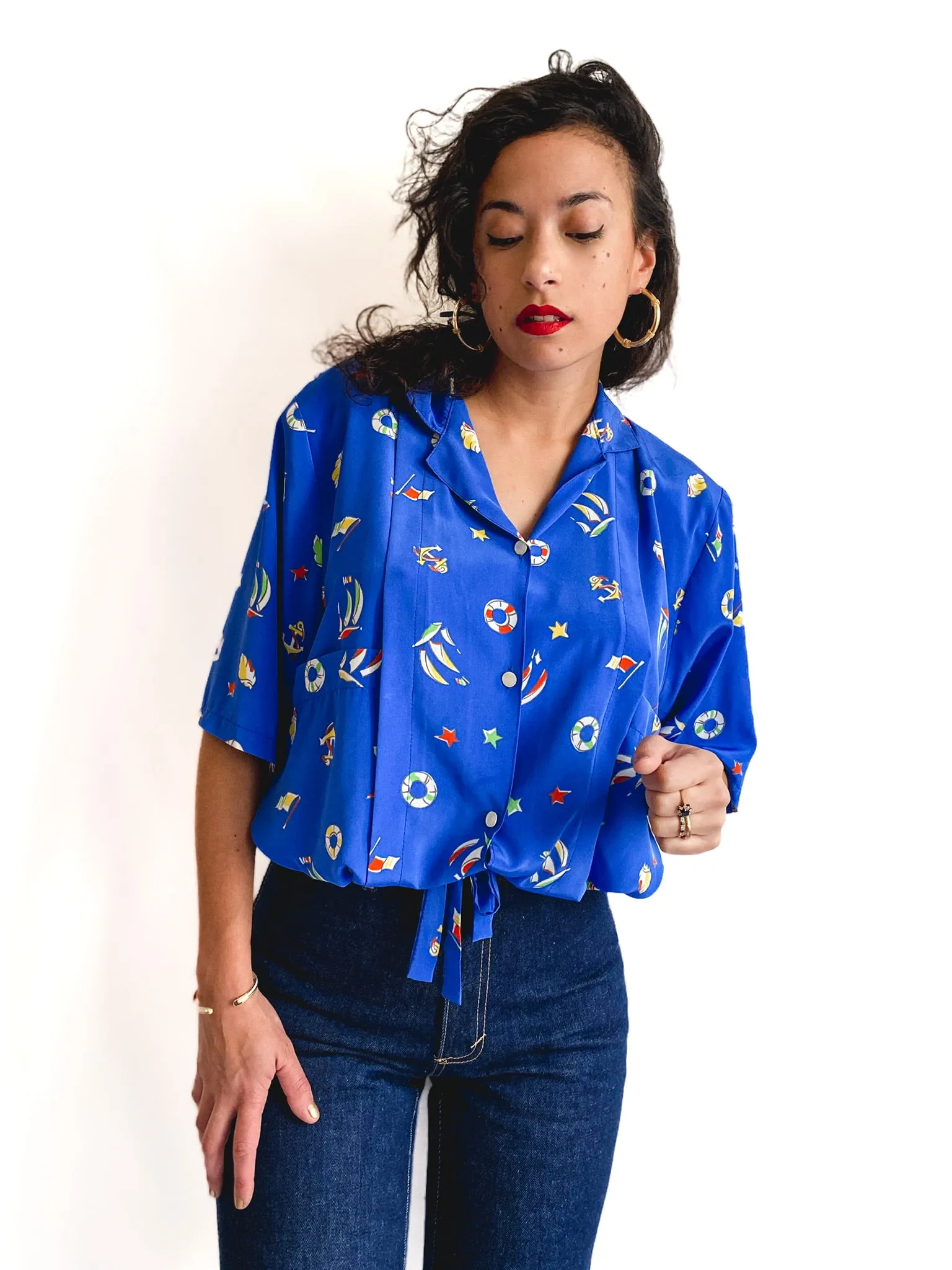 80s vintage summer blouse, adjustable waist