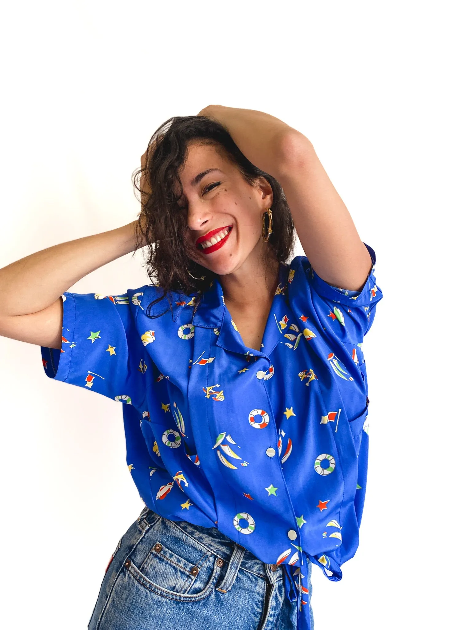 80s vintage summer blouse, adjustable waist