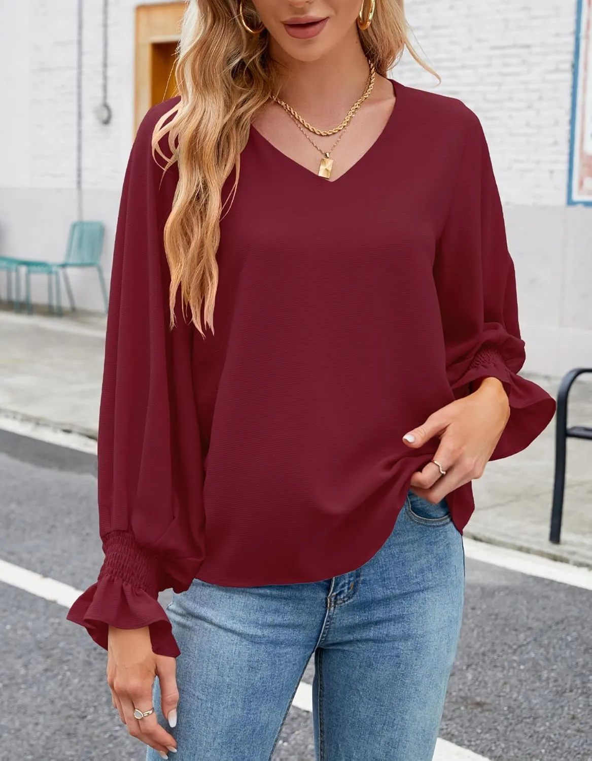 Aifer Womens Blouses Dressy Casual Tops V Neck Ruffle Balloon Long Sleeve Shirts Elegant Business Casual Outifts