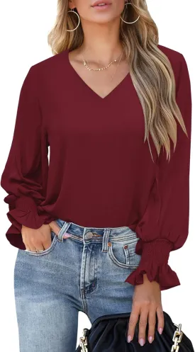 Aifer Womens Blouses Dressy Casual Tops V Neck Ruffle Balloon Long Sleeve Shirts Elegant Business Casual Outifts