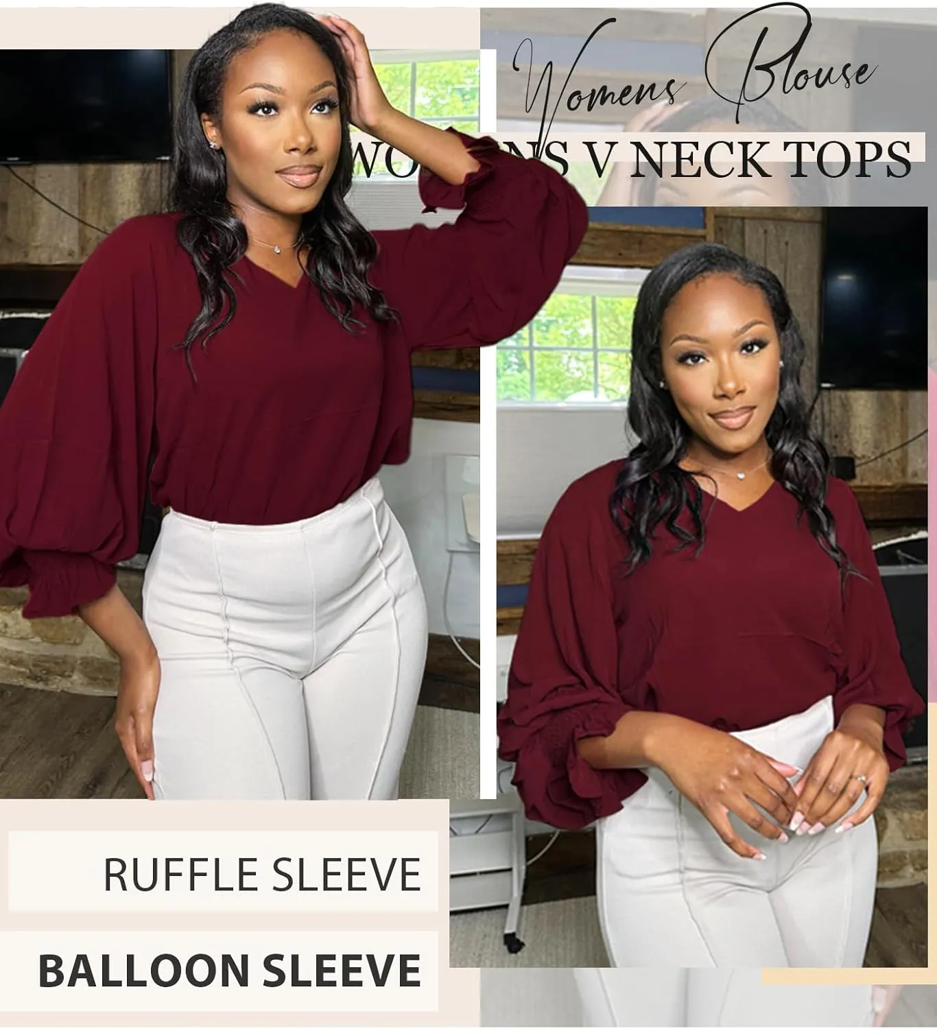 Aifer Womens Blouses Dressy Casual Tops V Neck Ruffle Balloon Long Sleeve Shirts Elegant Business Casual Outifts