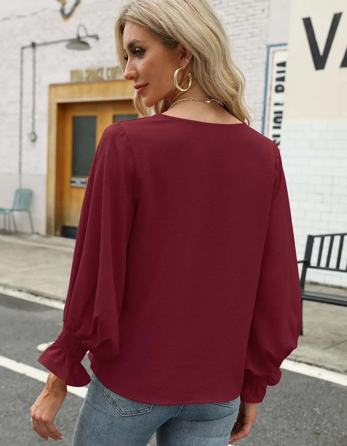 Aifer Womens Blouses Dressy Casual Tops V Neck Ruffle Balloon Long Sleeve Shirts Elegant Business Casual Outifts