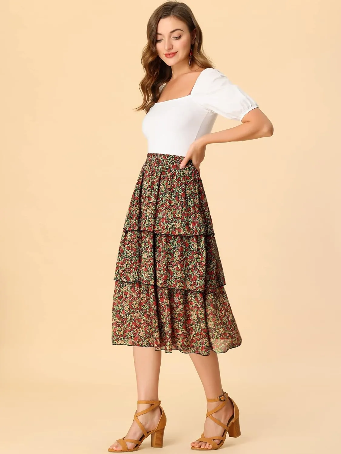 Allegra K Women's Floral Skirt Ruffle Hem High Waist Layered Midi Skirts