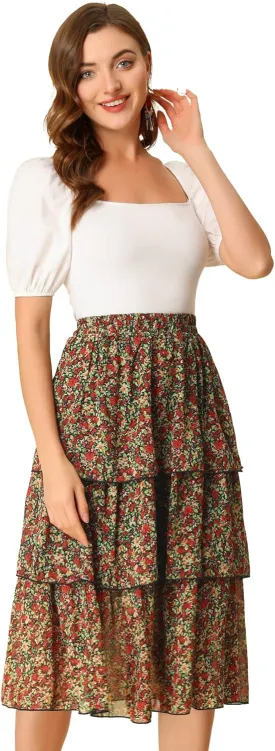 Allegra K Women's Floral Skirt Ruffle Hem High Waist Layered Midi Skirts