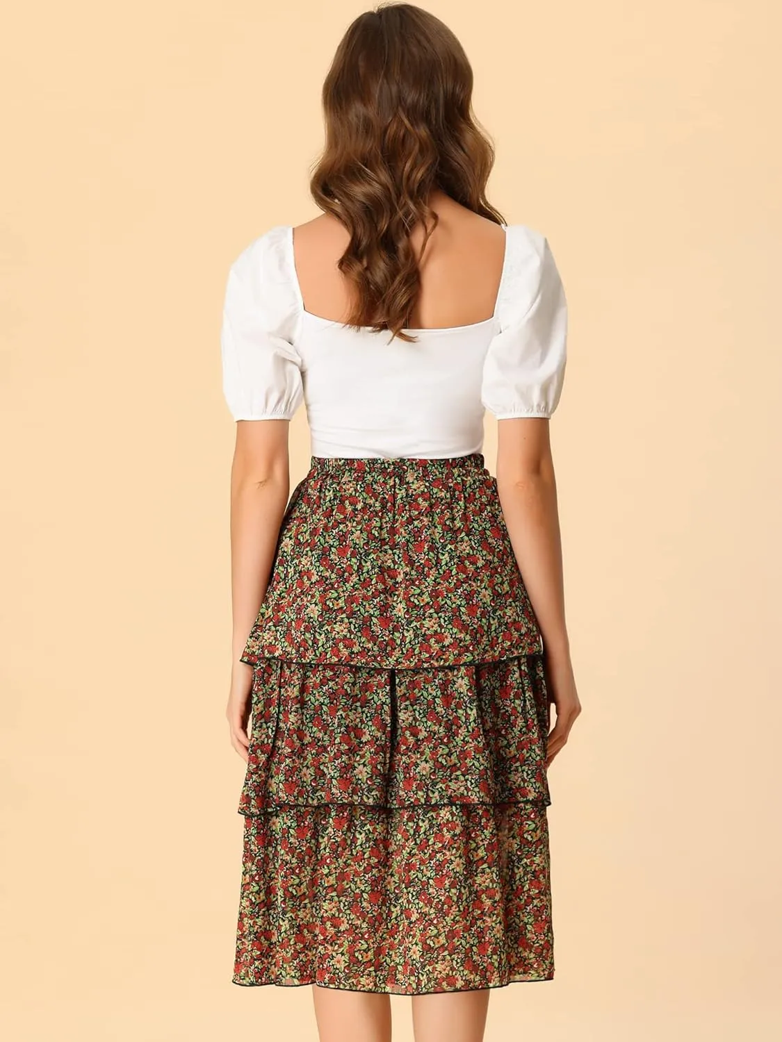 Allegra K Women's Floral Skirt Ruffle Hem High Waist Layered Midi Skirts