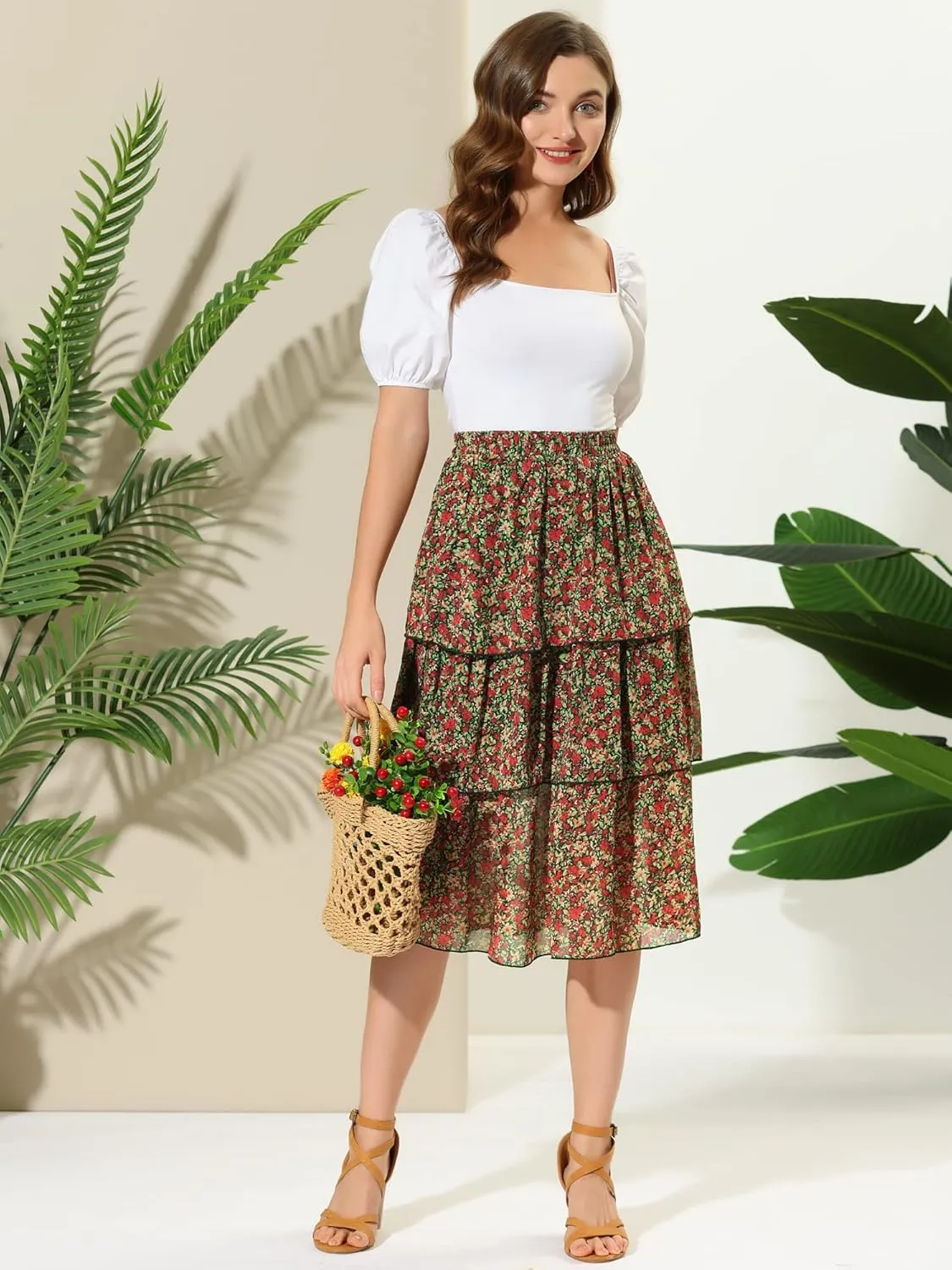 Allegra K Women's Floral Skirt Ruffle Hem High Waist Layered Midi Skirts
