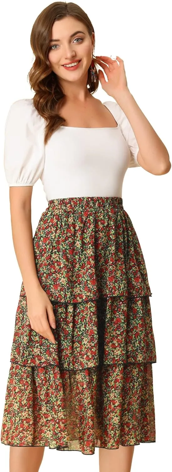 Allegra K Women's Floral Skirt Ruffle Hem High Waist Layered Midi Skirts