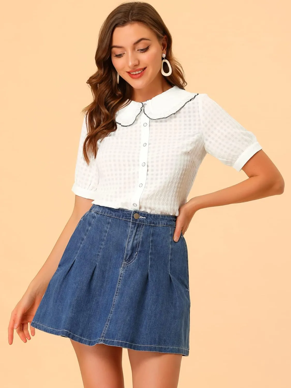Allegra K Women's Peter Pan Collar Contrast Color Trim Gingham Button Up Blouse Shirt