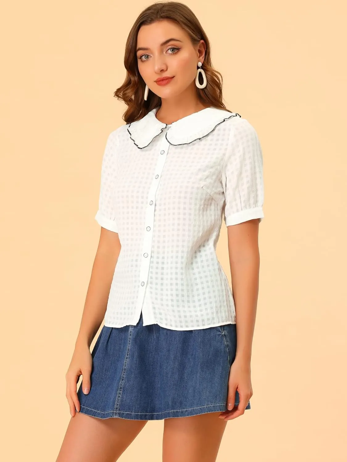 Allegra K Women's Peter Pan Collar Contrast Color Trim Gingham Button Up Blouse Shirt