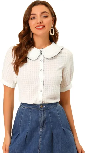 Allegra K Women's Peter Pan Collar Contrast Color Trim Gingham Button Up Blouse Shirt