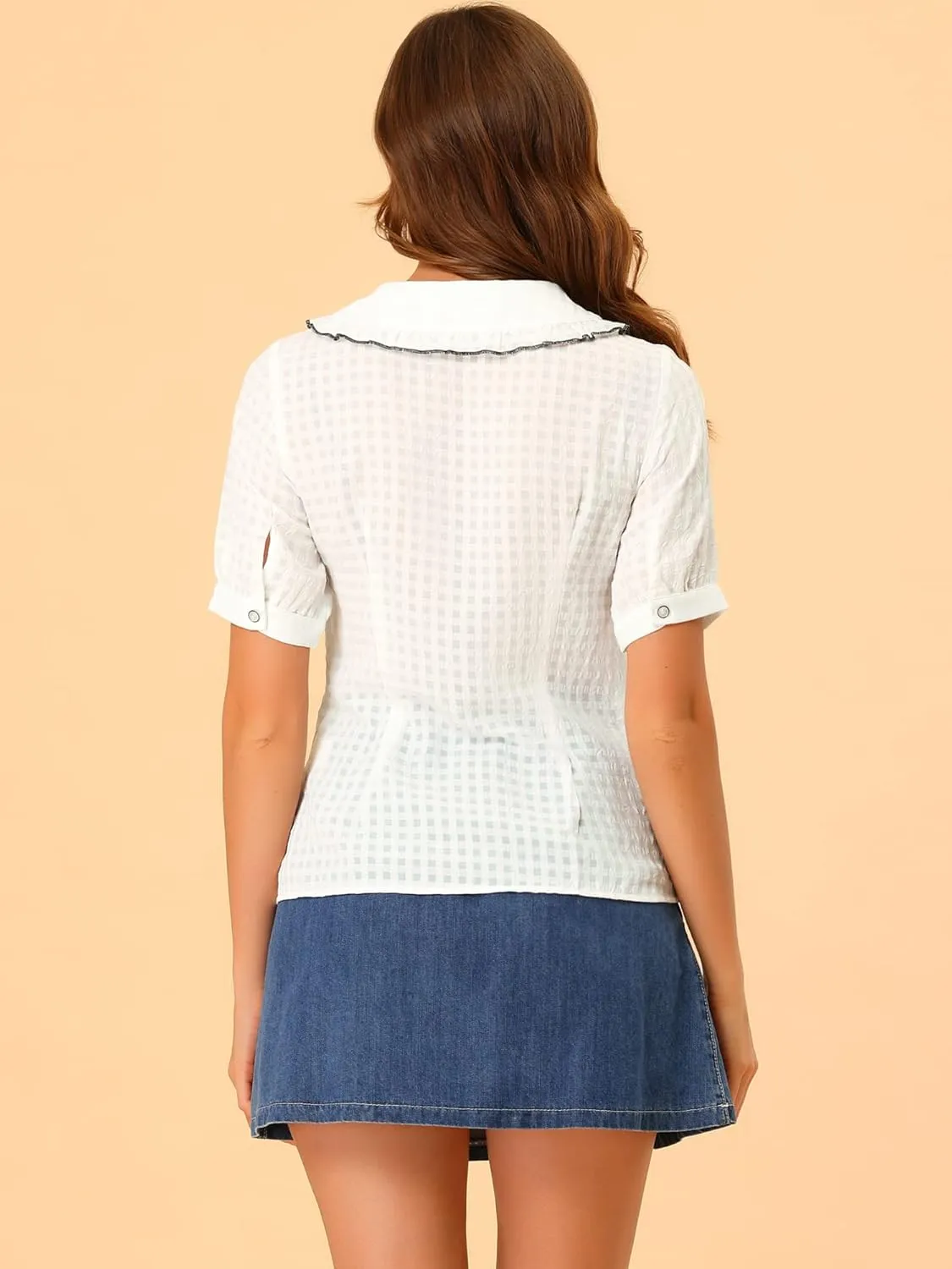 Allegra K Women's Peter Pan Collar Contrast Color Trim Gingham Button Up Blouse Shirt