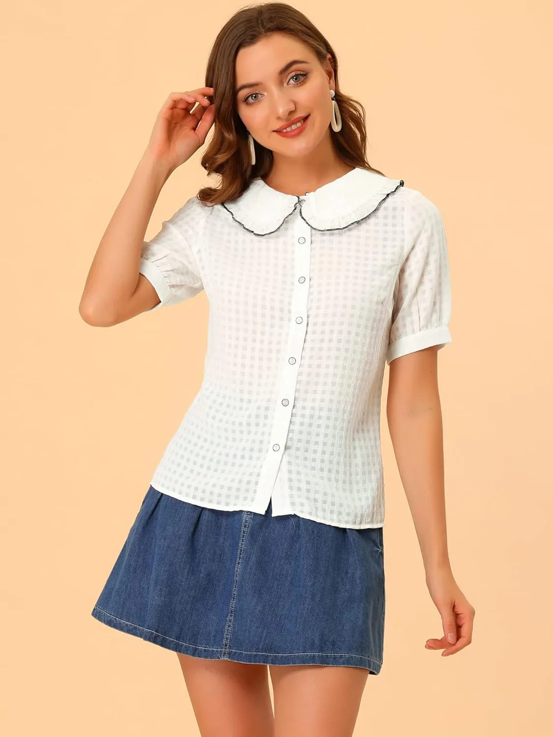 Allegra K Women's Peter Pan Collar Contrast Color Trim Gingham Button Up Blouse Shirt