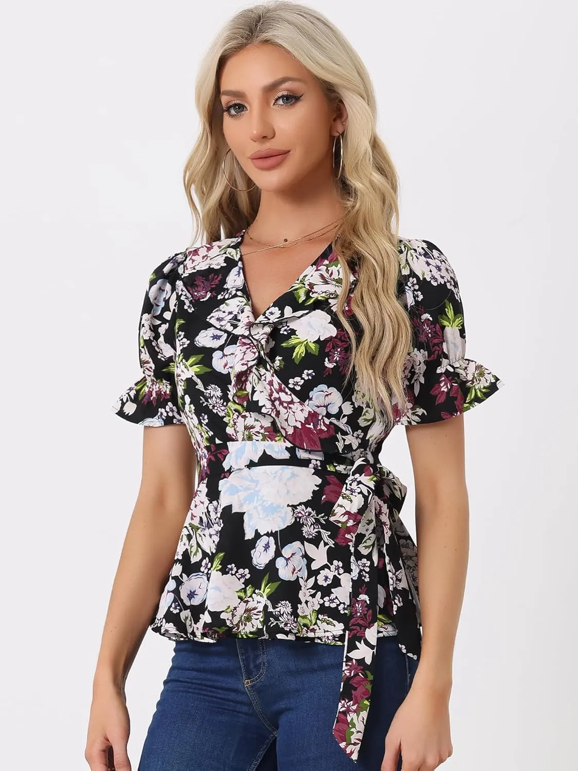 Allegra K Women's Wrap Peplum Top Blouse 2025 Summer Floral Short Sleeve Ruffle V Neck Belted Shirts