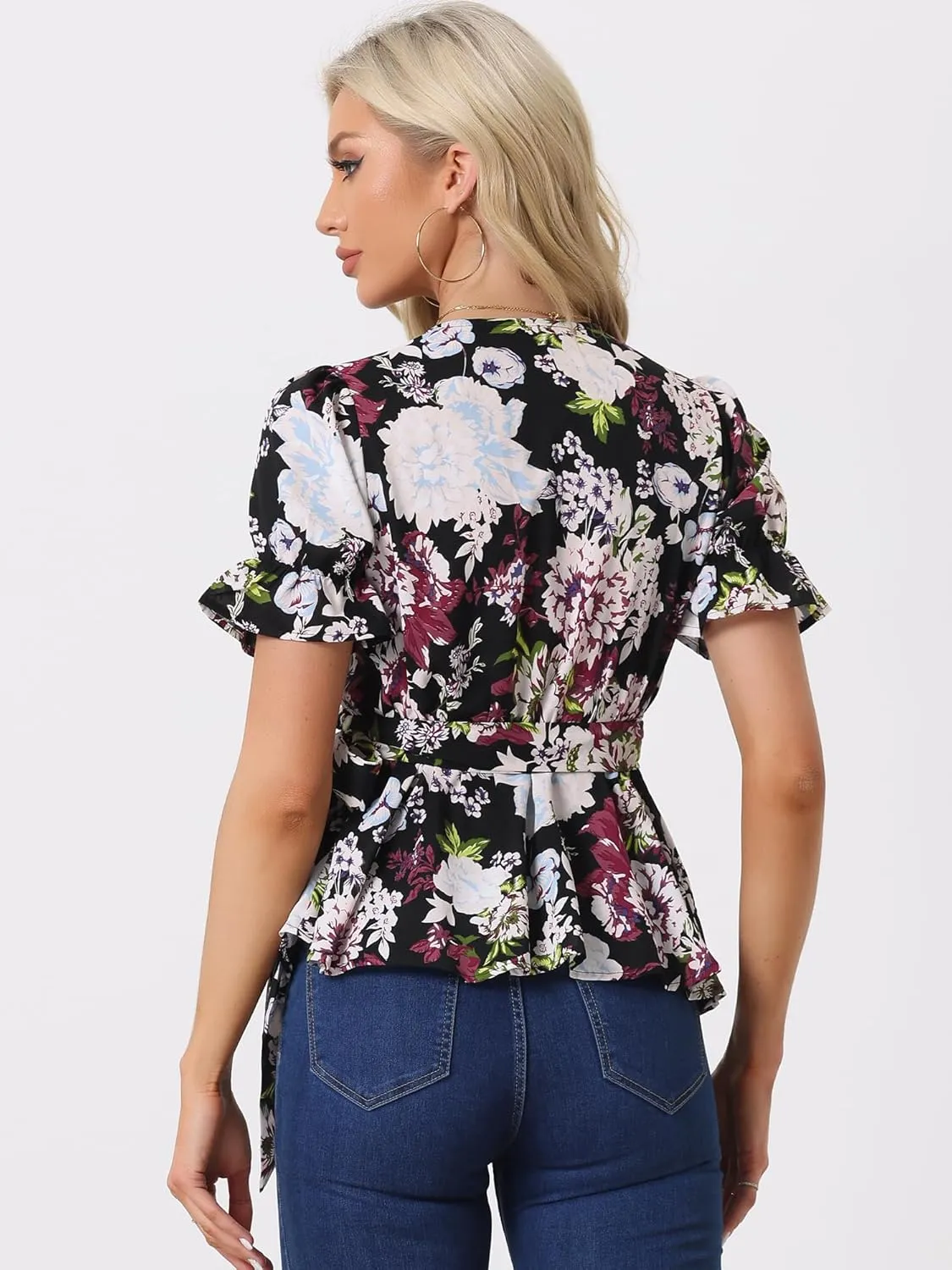 Allegra K Women's Wrap Peplum Top Blouse 2025 Summer Floral Short Sleeve Ruffle V Neck Belted Shirts