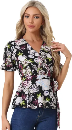 Allegra K Women's Wrap Peplum Top Blouse 2025 Summer Floral Short Sleeve Ruffle V Neck Belted Shirts