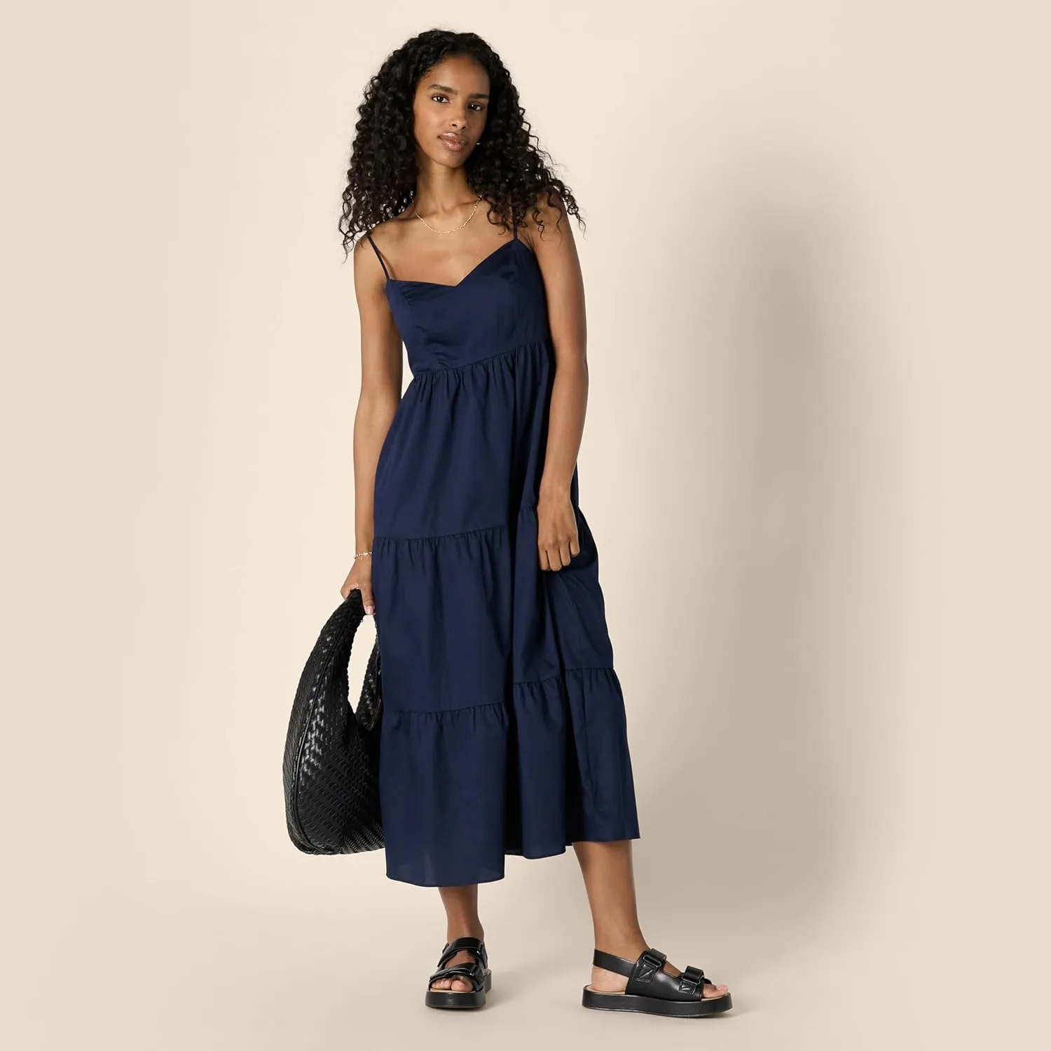 Amazon Essentials Women's Fit and Flare Empire Waisted Cotton Sateen Tiered Maxi Dress