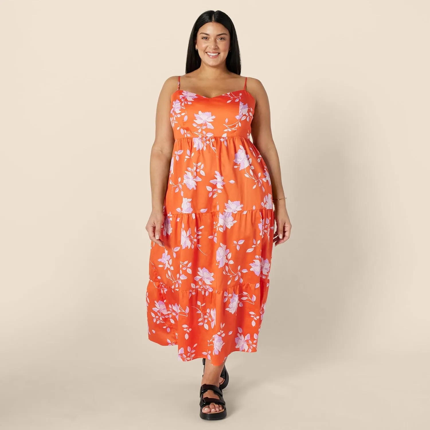 Amazon Essentials Women's Fit and Flare Empire Waisted Cotton Sateen Tiered Maxi Dress