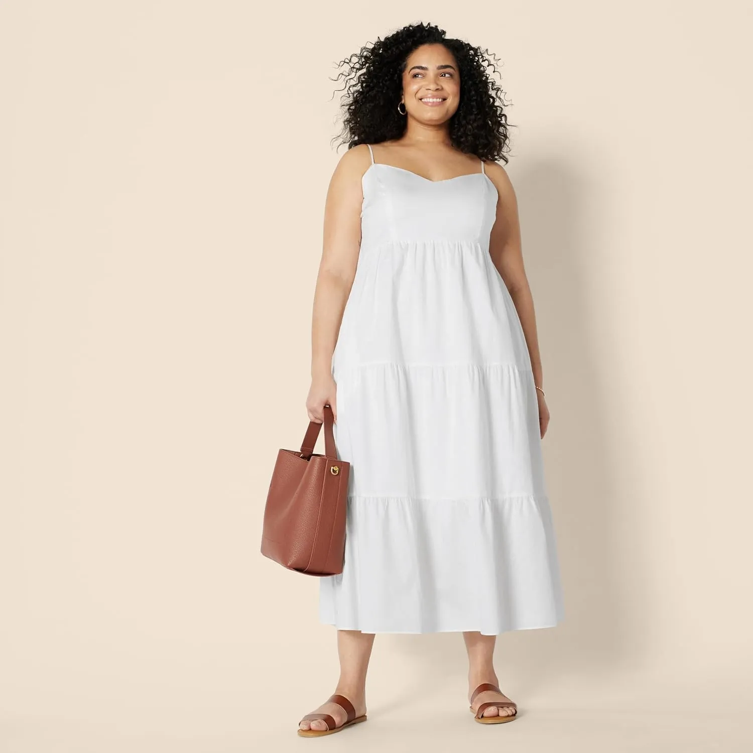 Amazon Essentials Women's Fit and Flare Empire Waisted Cotton Sateen Tiered Maxi Dress