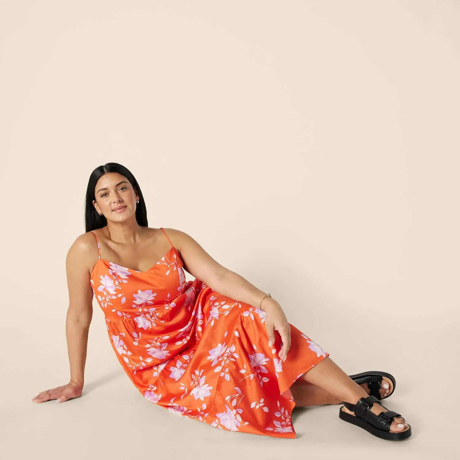 Amazon Essentials Women's Fit and Flare Empire Waisted Cotton Sateen Tiered Maxi Dress