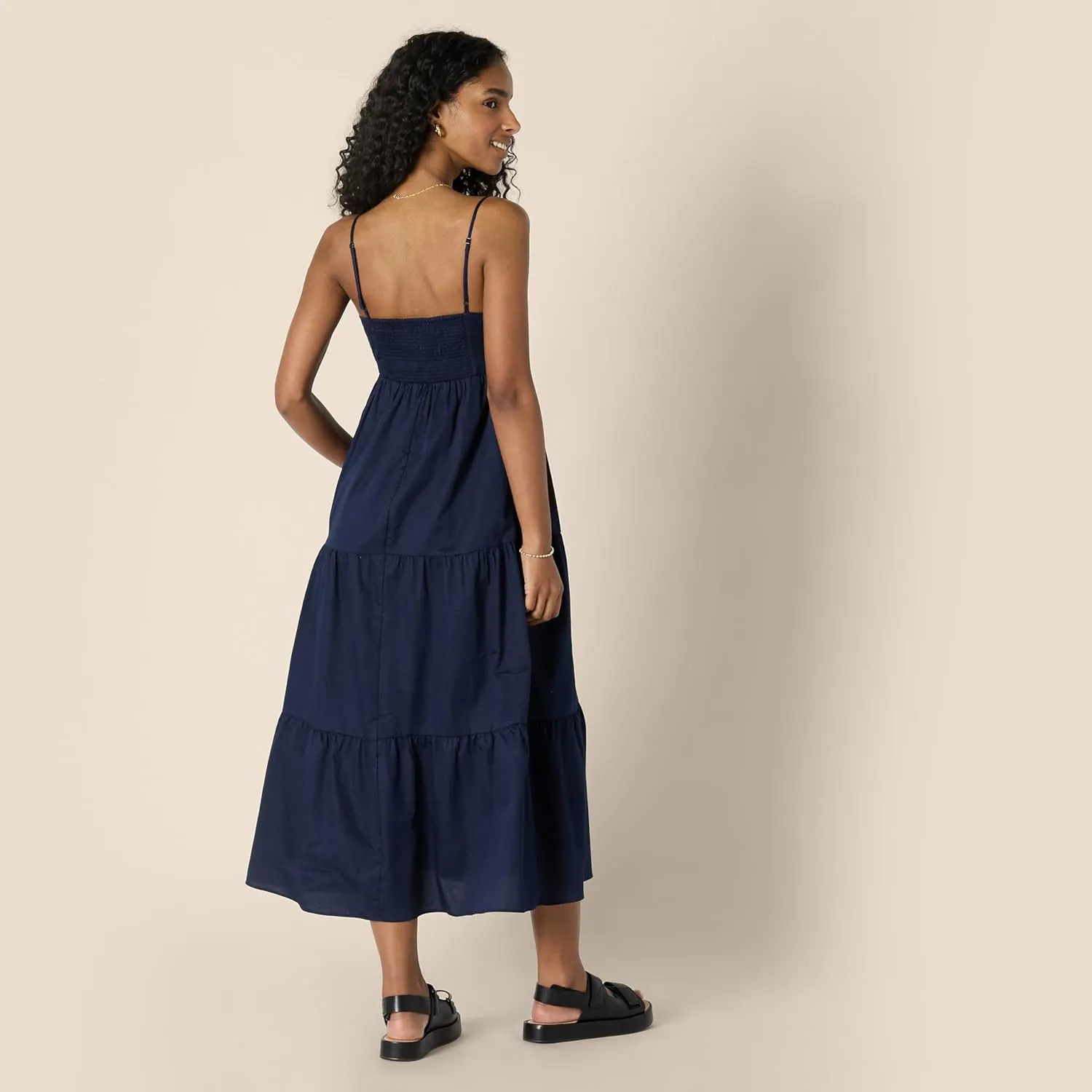 Amazon Essentials Women's Fit and Flare Empire Waisted Cotton Sateen Tiered Maxi Dress