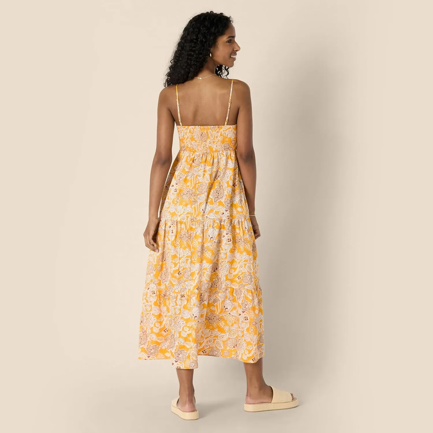 Amazon Essentials Women's Fit and Flare Empire Waisted Cotton Sateen Tiered Maxi Dress