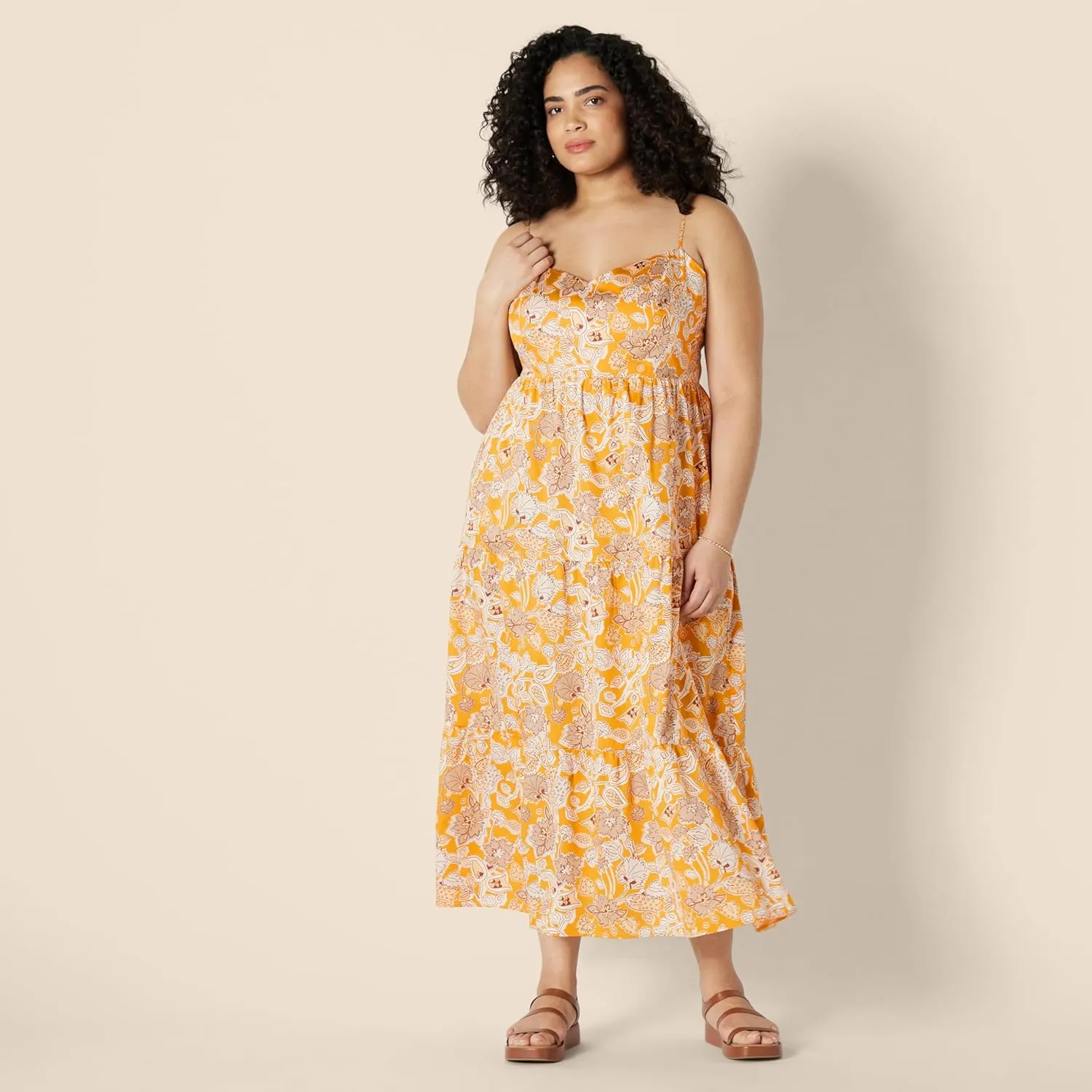 Amazon Essentials Women's Fit and Flare Empire Waisted Cotton Sateen Tiered Maxi Dress