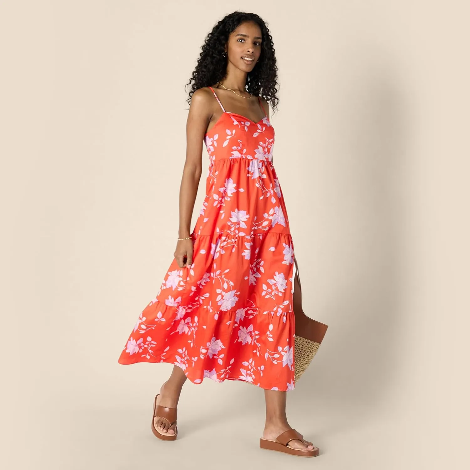 Amazon Essentials Women's Fit and Flare Empire Waisted Cotton Sateen Tiered Maxi Dress