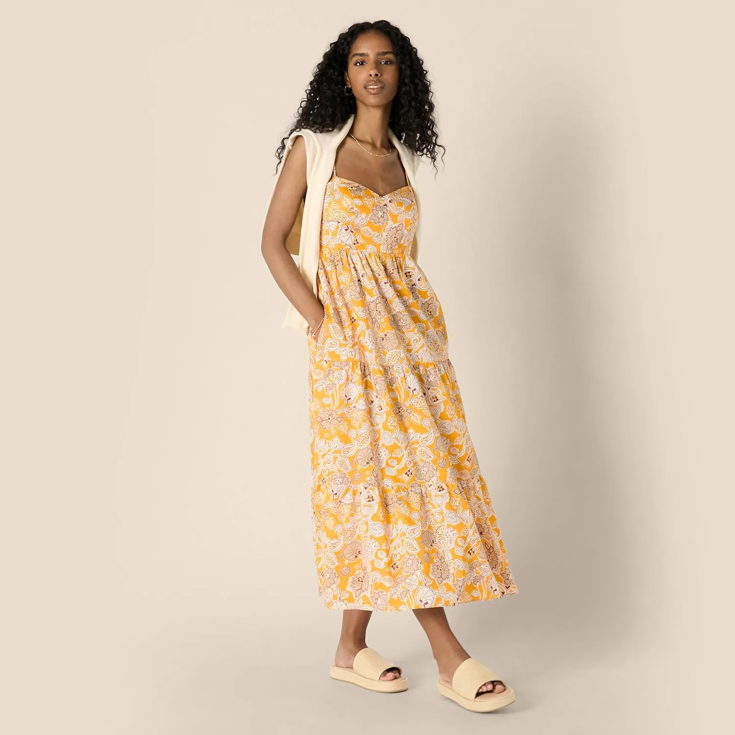 Amazon Essentials Women's Fit and Flare Empire Waisted Cotton Sateen Tiered Maxi Dress
