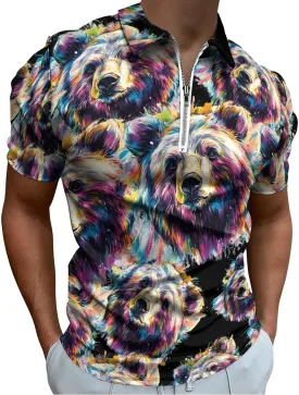 Bear Colorful Drawing Trendy Polo Shirts for Men Short Sleeve Lapel Collar Zipper T-Shirts Outdoor Sports M