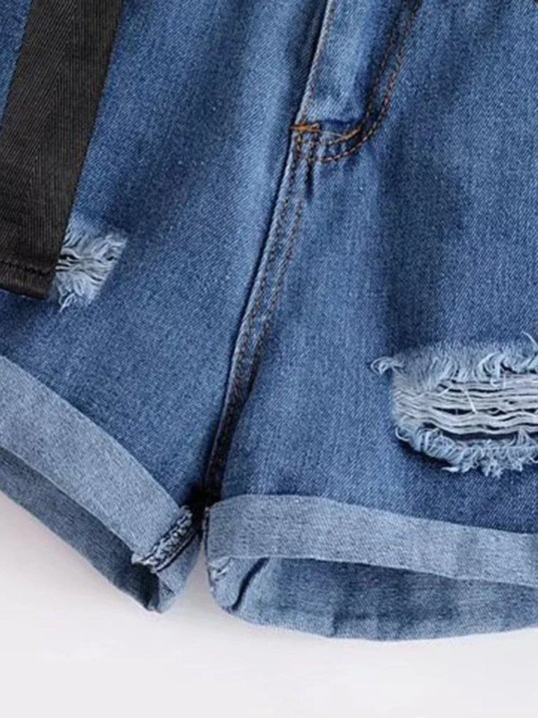 Belted Rolled Hem Denim Shorts