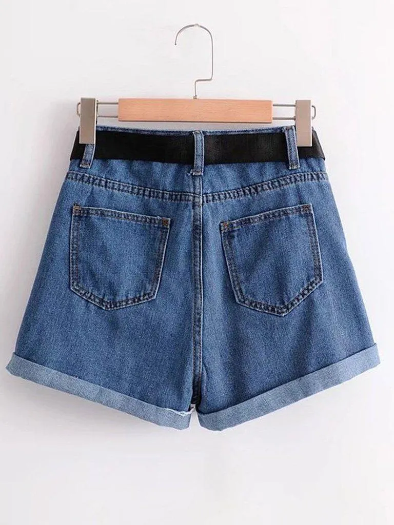 Belted Rolled Hem Denim Shorts