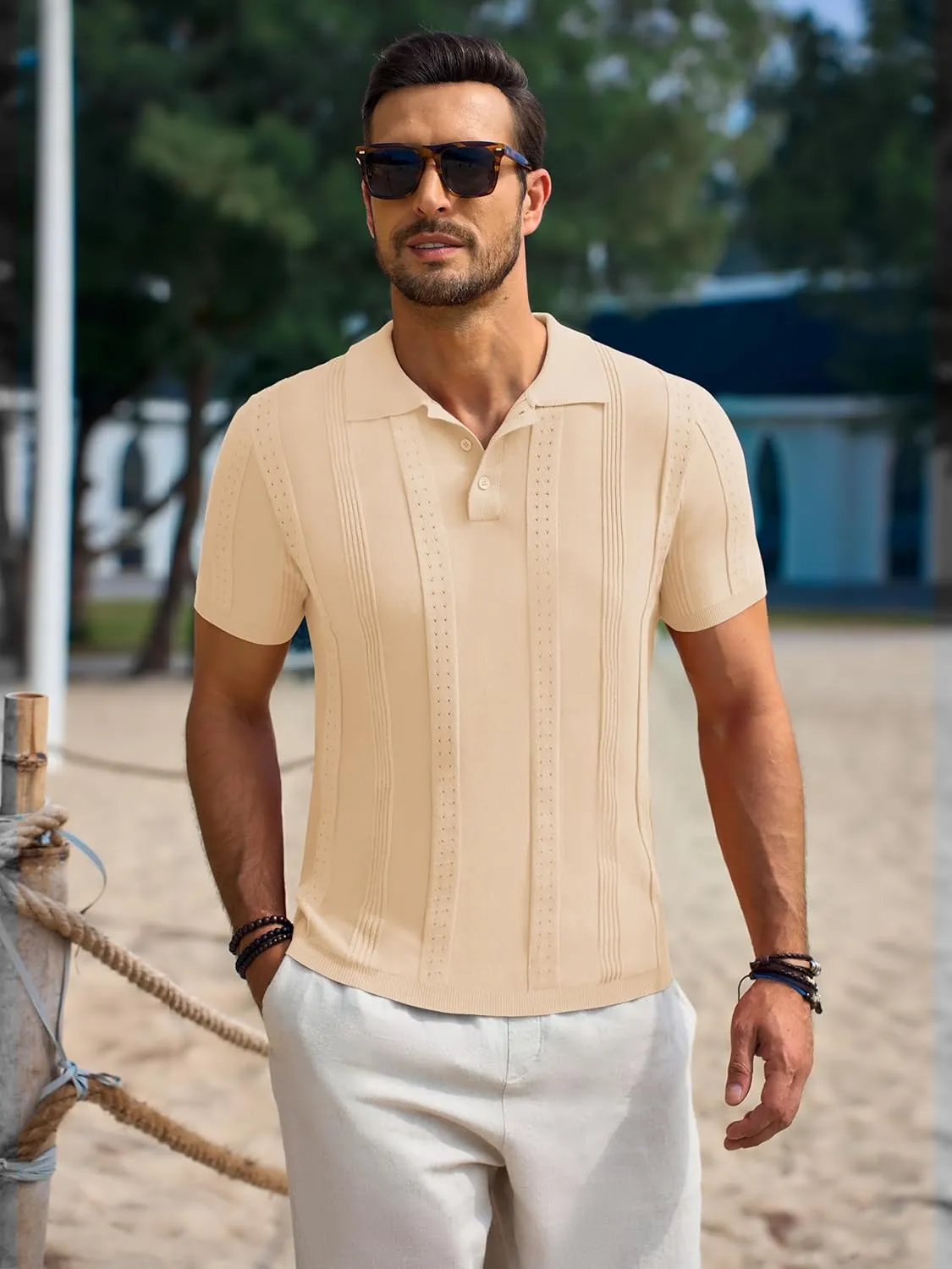 Beotyshow Mens Polo Shirts Short Sleeve Textured Knit Shirt Summer Casual Shirts M-XXL