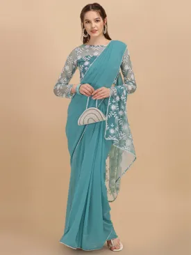 Blue & White Floral Embroidered Heavy Work Saree