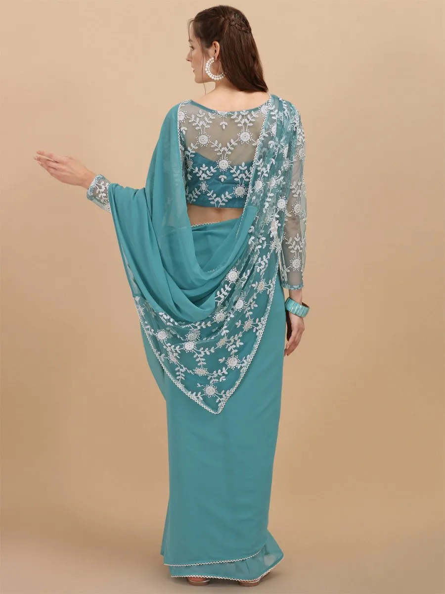 Blue & White Floral Embroidered Heavy Work Saree
