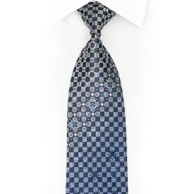 Blue Checkered Silk Tie With Rhinestones & Silver Sparkles