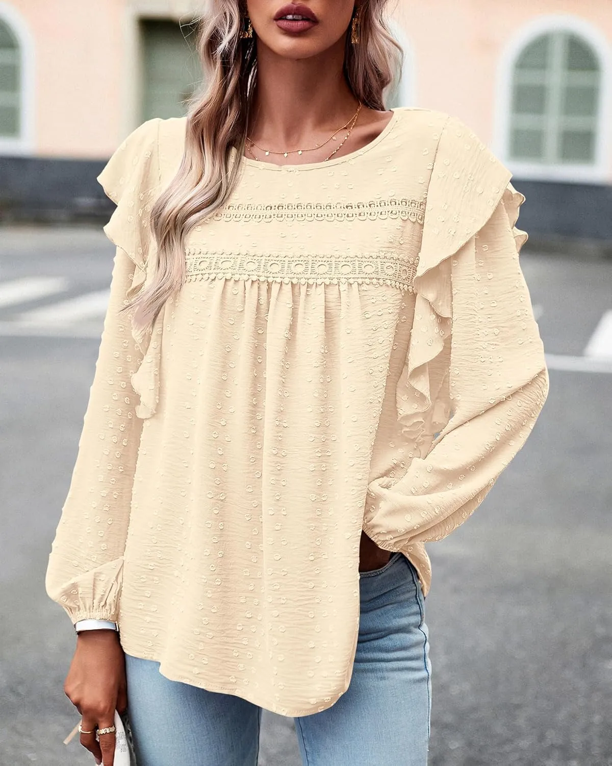 BTFBM Long Sleeve Swiss Dot Blouses for Women Dressy Casual Spring Fall Crewneck Boho Western Shirts Business Work Tops