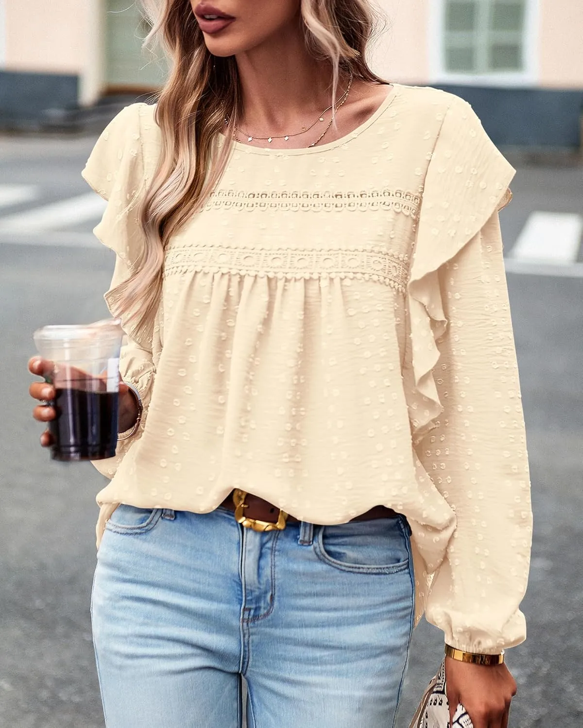 BTFBM Long Sleeve Swiss Dot Blouses for Women Dressy Casual Spring Fall Crewneck Boho Western Shirts Business Work Tops