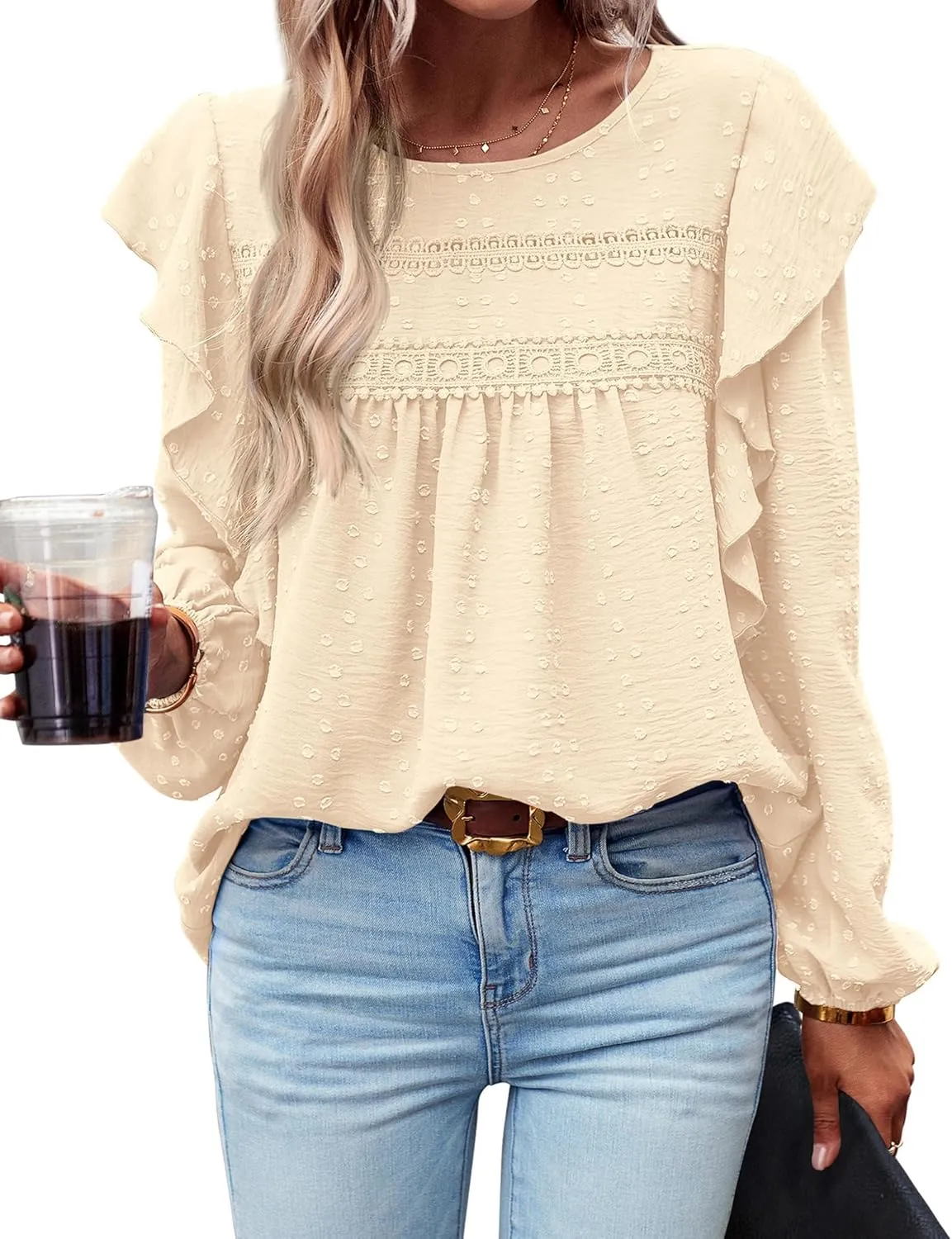 BTFBM Long Sleeve Swiss Dot Blouses for Women Dressy Casual Spring Fall Crewneck Boho Western Shirts Business Work Tops