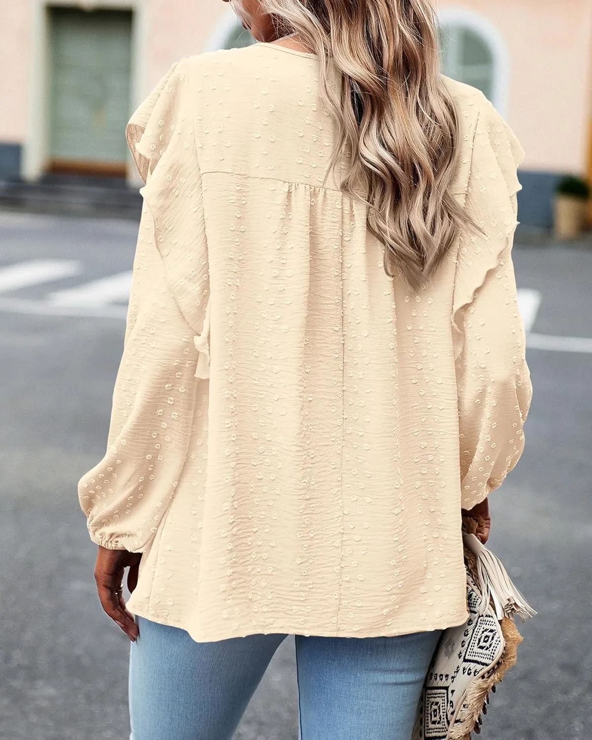 BTFBM Long Sleeve Swiss Dot Blouses for Women Dressy Casual Spring Fall Crewneck Boho Western Shirts Business Work Tops