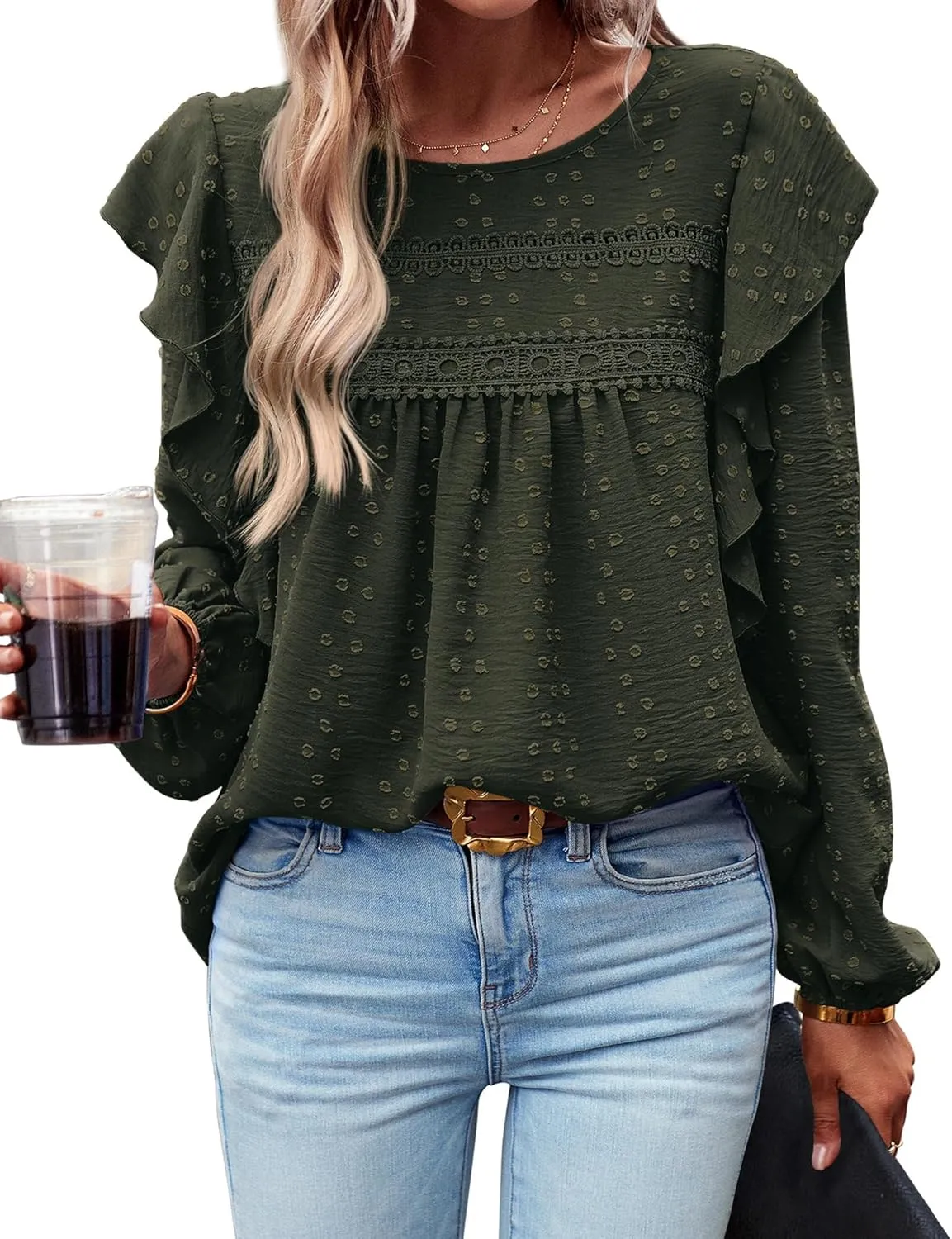 BTFBM Long Sleeve Swiss Dot Blouses for Women Dressy Casual Spring Fall Crewneck Boho Western Shirts Business Work Tops