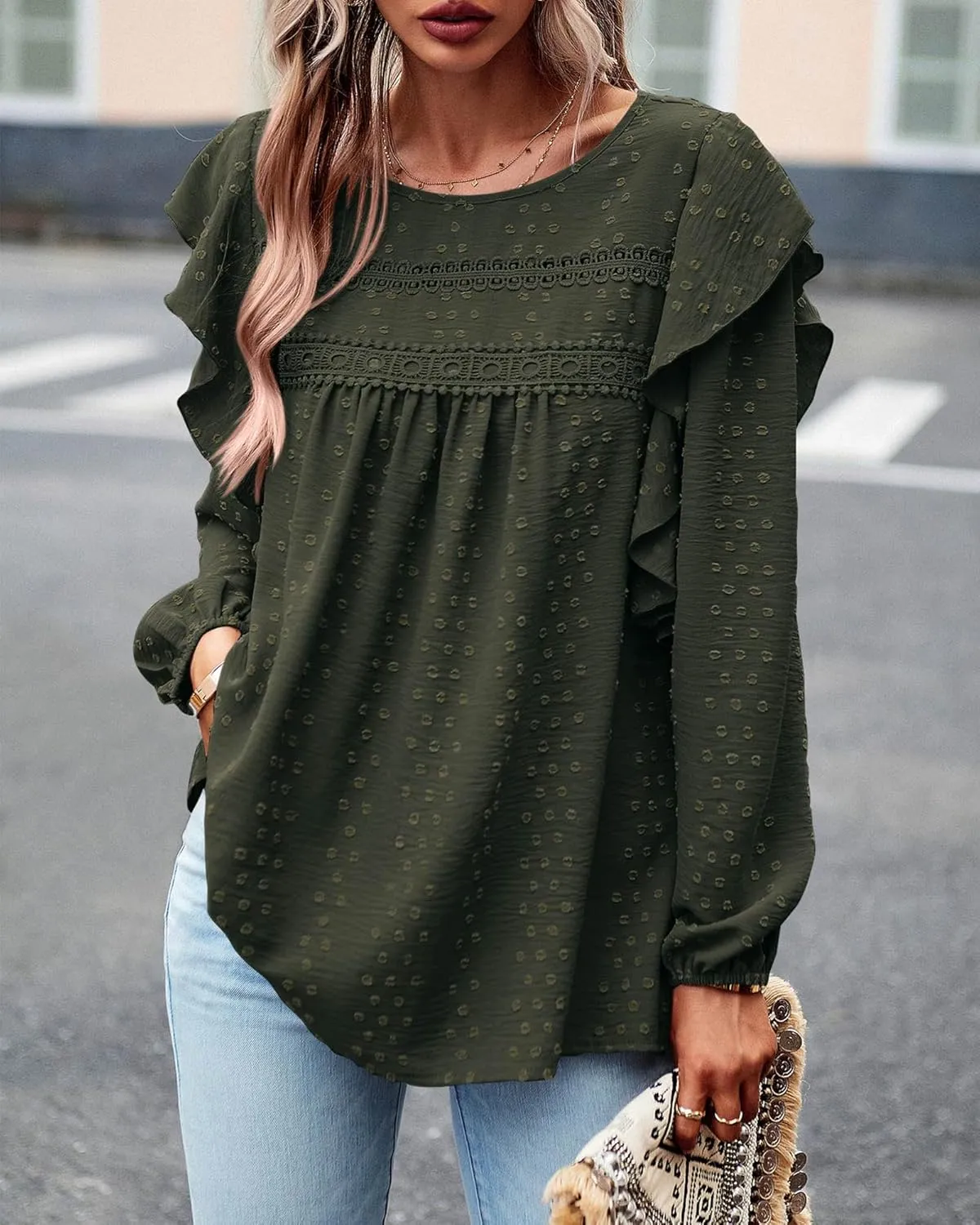BTFBM Long Sleeve Swiss Dot Blouses for Women Dressy Casual Spring Fall Crewneck Boho Western Shirts Business Work Tops