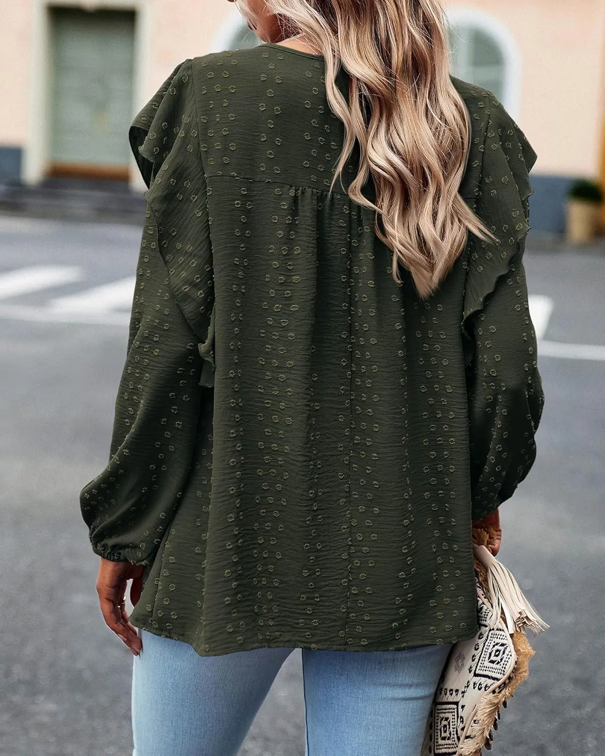 BTFBM Long Sleeve Swiss Dot Blouses for Women Dressy Casual Spring Fall Crewneck Boho Western Shirts Business Work Tops